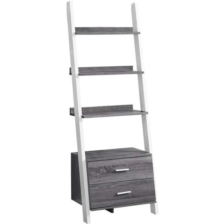 Bookcase - 69"h / grey-white ladder with 2 storage drawer - Monarch