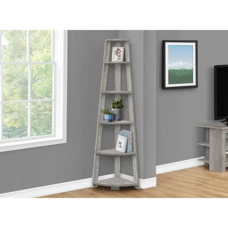 Bookcase - 72""h / industrial grey corner accent etagere - Monarch