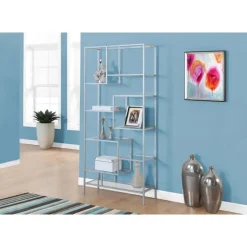 Bookcase - 72"h / silver metal with tempered glass - Monarch
