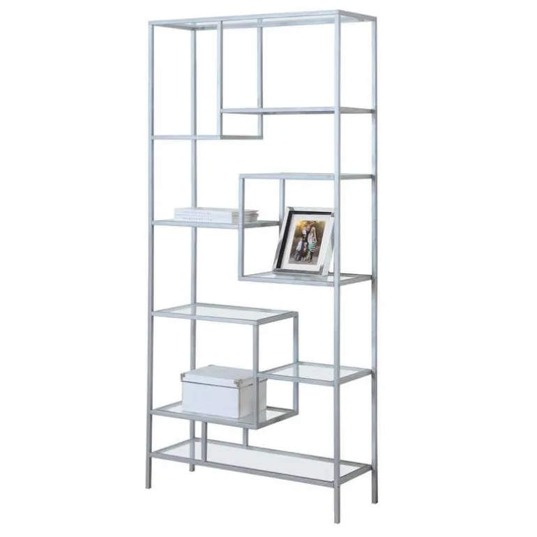 Bookcase - 72"h / silver metal with tempered glass - Monarch