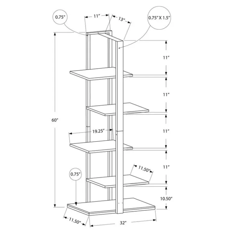 Bookcase - 60"h / white / silver metal - Monarch