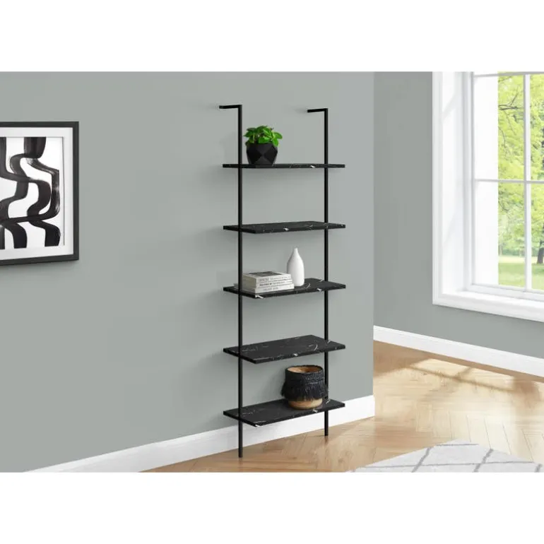 Bookcase - 72"h ladder black marble / black metal - Monarch