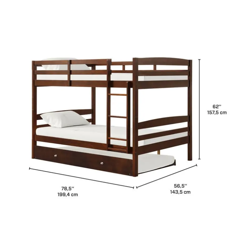 Brown Bunk Bed with Trundle Bed - 54"/54"