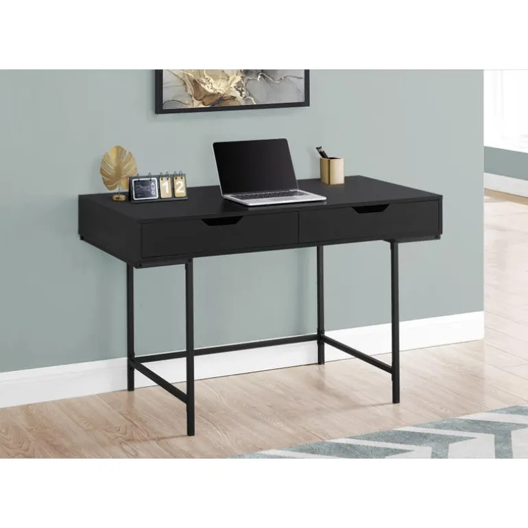 Computer desk - 2 storage drawers / recessed metal legs - 48"l - black / blac - Monarch
