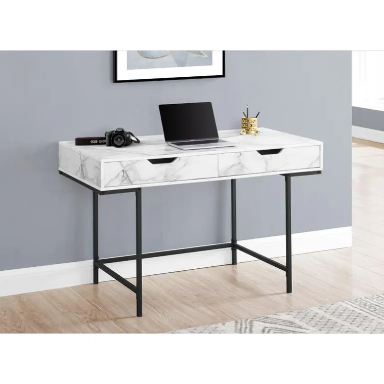 Computer desk - 2 storage drawers / recessed metal legs - 48"l - white marble - Monarch