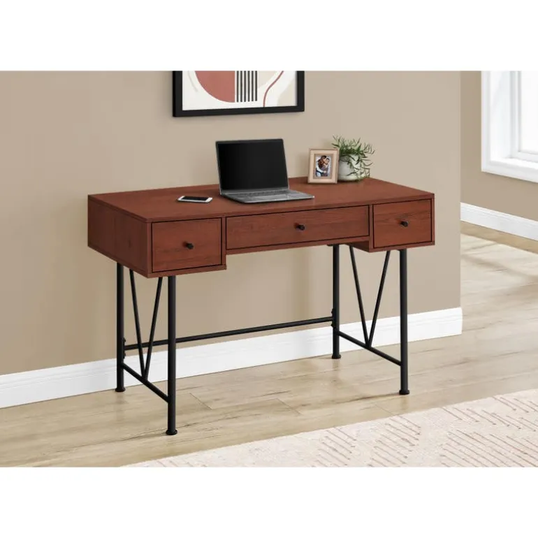 Computer desk - 3 storage drawer / metal legs v-shape design - 42"l - cherry - Monarch