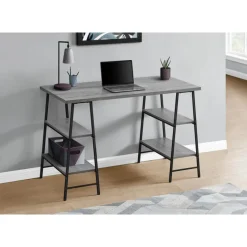 Computer desk - 3 tiers / 4 open shelves / sawhorse style - 48"l - grey wood- - Monarch