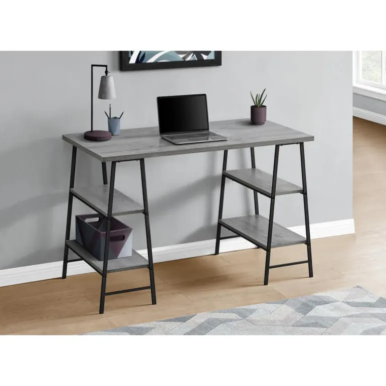 Computer desk - 3 tiers / 4 open shelves / sawhorse style - 48"l - grey wood- - Monarch