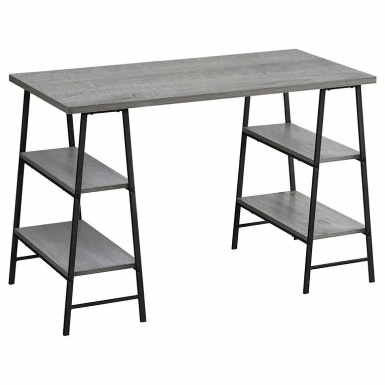 Computer desk - 3 tiers / 4 open shelves / sawhorse style - 48"l - grey wood- - Monarch