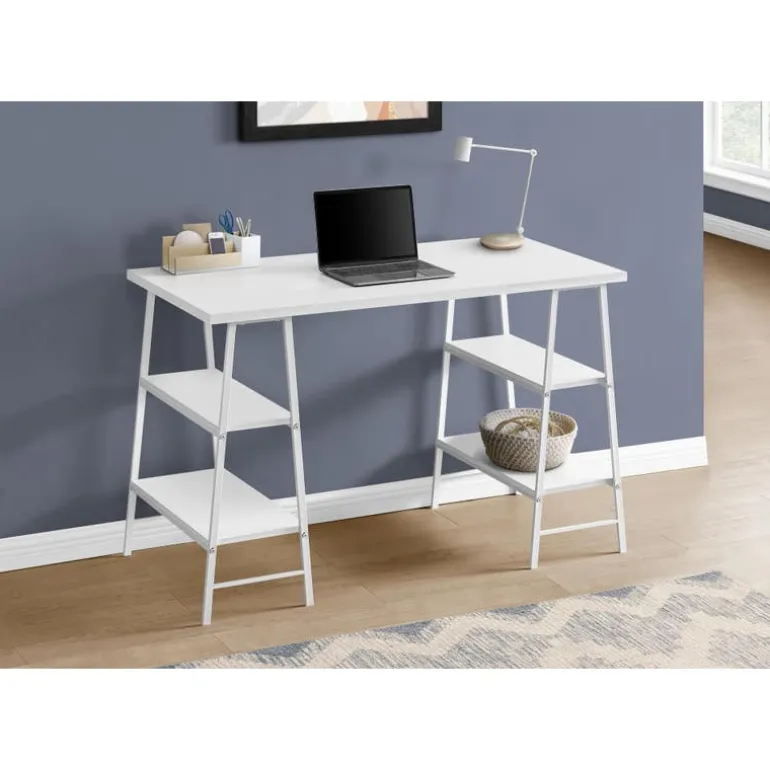Computer desk - 3 tiers / 4 open shelves / sawhorse style - 48"l - white / wh - Monarch