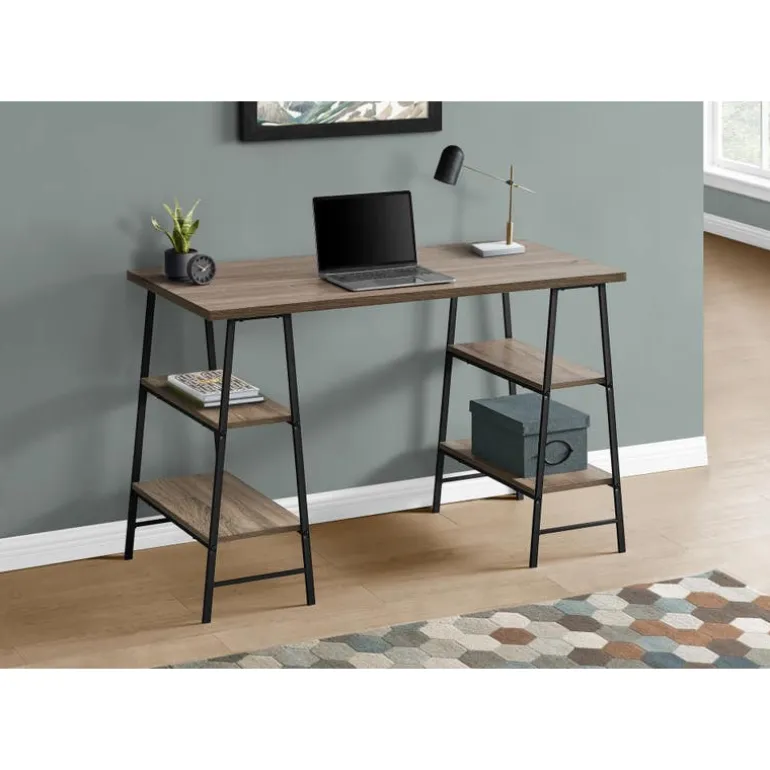 Computer desk - 3 tiers / 4 open shelves / sawhorse style - 48"l dark taupe - Monarch