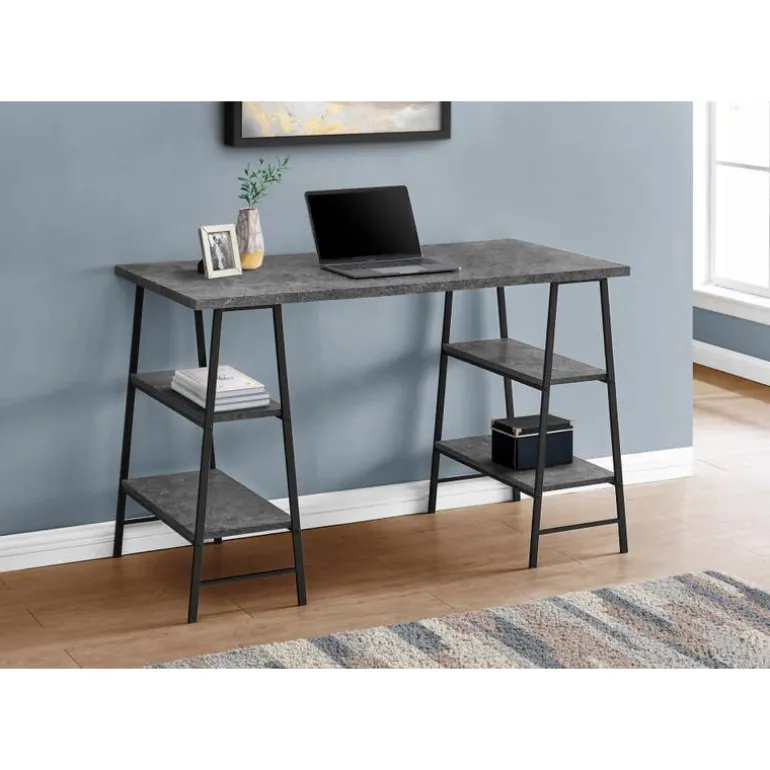 Computer desk - 3 tiers / 4 open shelves / sawhorse style - 48"l - grey stone - Monarch