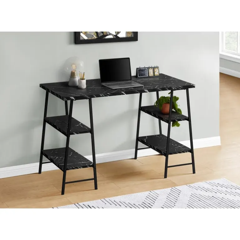 Computer desk - 3 tiers / 4 open shelves / sawhorse style - 48"l - black marb - Monarch