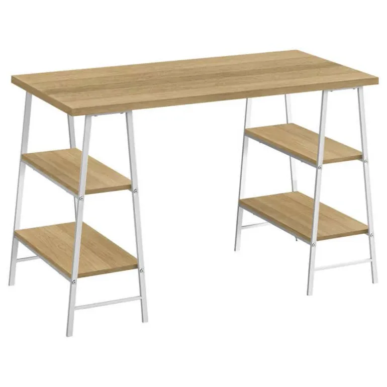 Computer desk - 3 tiers / 4 open shelves / sawhorse style - 48"l - natural wo - Monarch