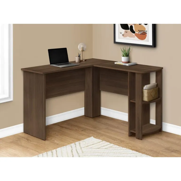 Computer desk - dark walnut l-shaped corner / 2 shelves - Monarch