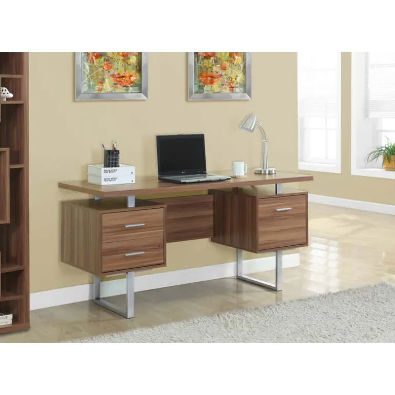Computer desk - 60"l / walnut / silver metal - Monarch