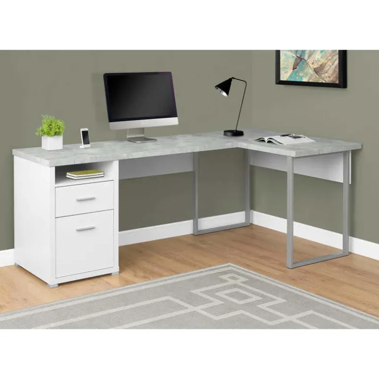 Computer desk - 80"l white / cement-look left/right face - Monarch