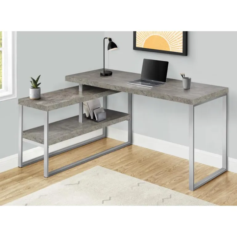 Computer desk - l-shaped / corner / 2 open shelves / 60"l x 47"w - grey concr - Monarch