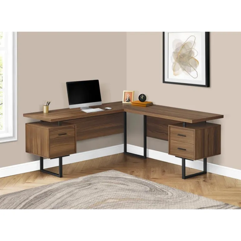 Computer desk - l-shaped / corner / 3 drawers / metal legs / reversible - 71" - Monarch