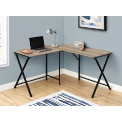 Computer desk - l-shaped / rounded corner / metal base with x-shaped sides - - Monarch
