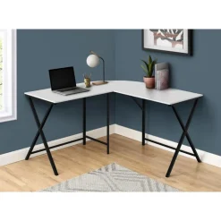 Computer desk - l-shaped / rounded corner / metal base with x-shaped sides - - Monarch