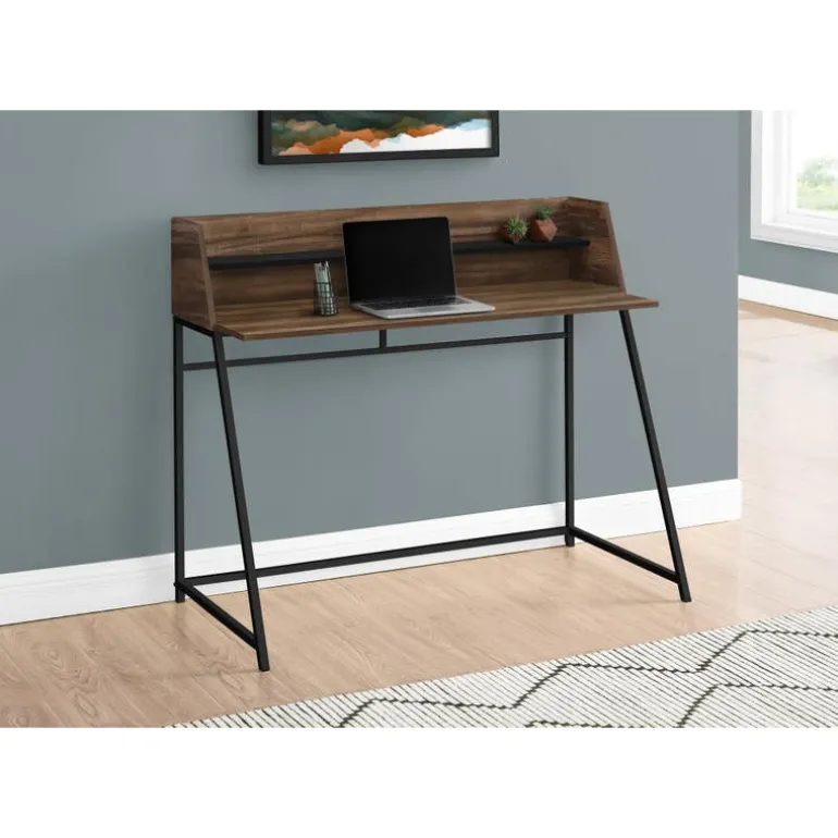 Computer desk - small hutch / 1 shelf / trapezoid-shaped legs - 48"l - brown - Monarch