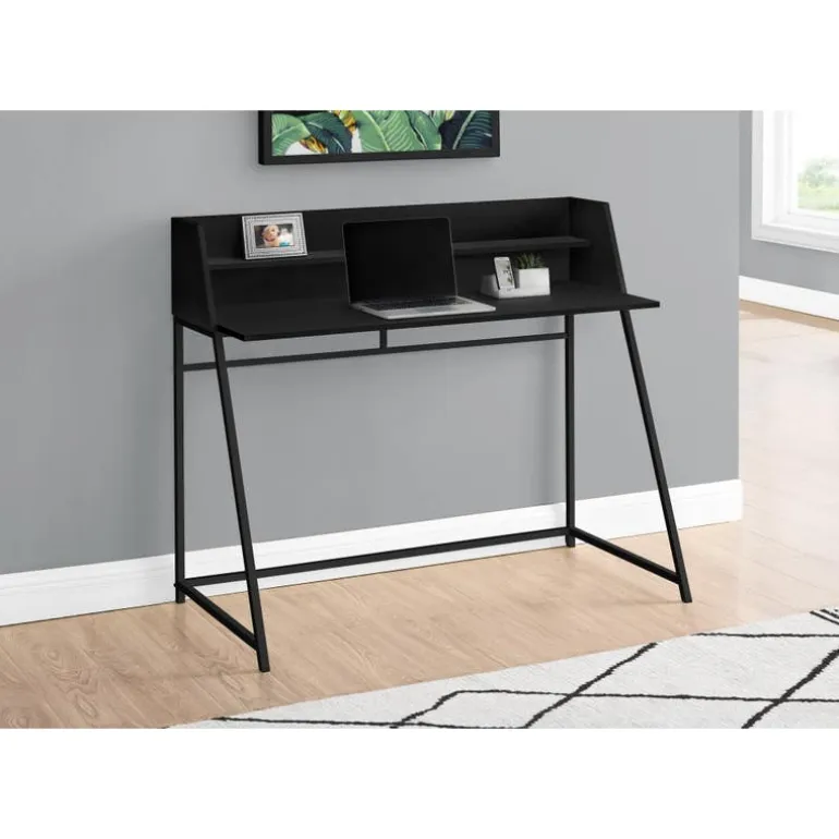 Computer desk - small hutch / 1 shelf / trapezoid-shaped legs - 48"l - black - Monarch