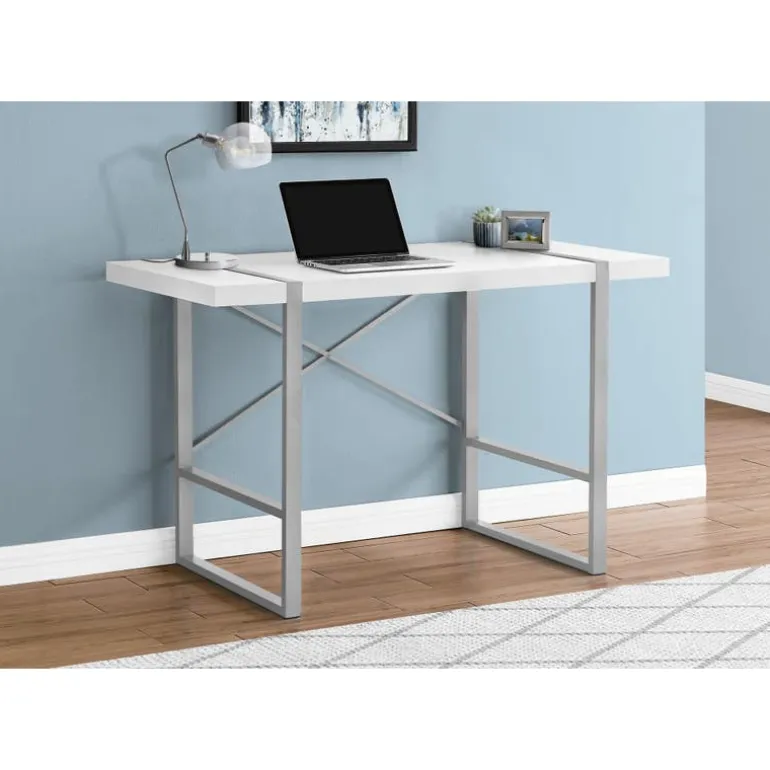 Computer desk - thick-panel desktop / inset metal legs - 48"l - white / silve - Monarch