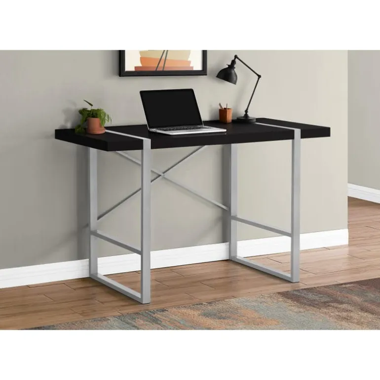 Computer desk - thick-panel desktop / inset metal legs - 48"l - black / silve - Monarch