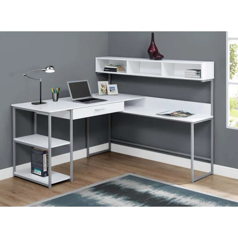 Computer desk - white / silver metal corner - Monarch