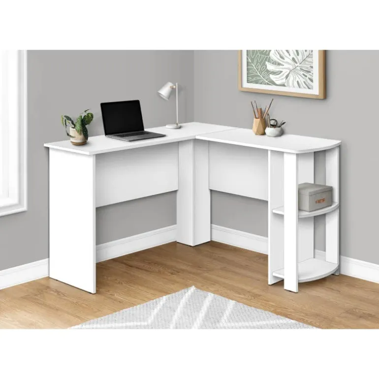 Computer desk - white l-shaped corner / 2 shelves - Monarch