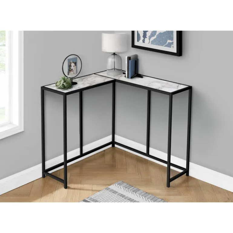 Console table - l-shaped / corner / metal frame - 36"l - white marble-look / - Monarch