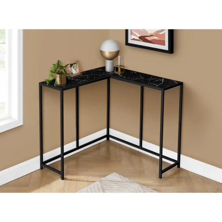 Console table - l-shaped / corner / metal frame - 36"l - black marble-look / - Monarch