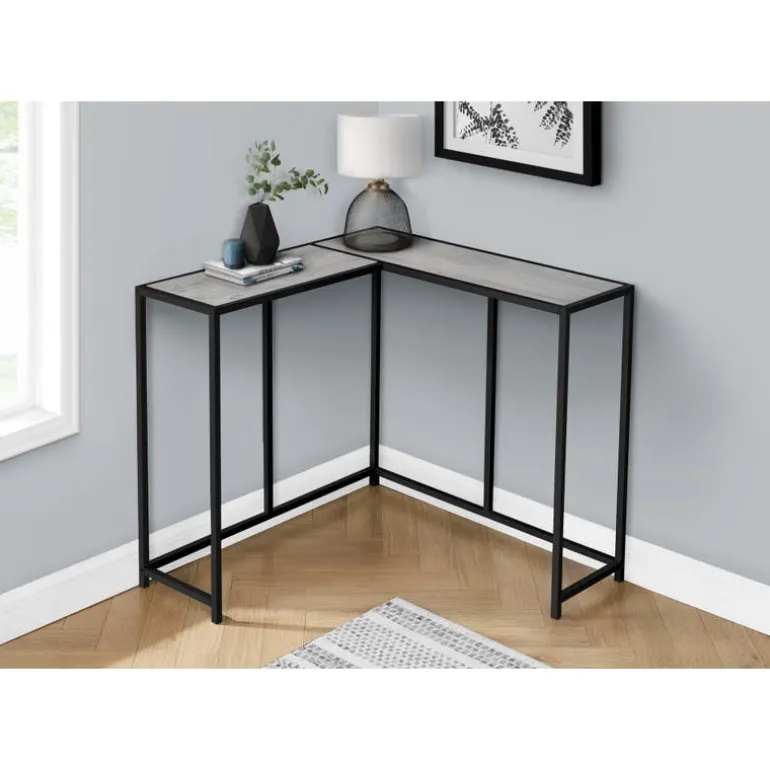 Console table - l-shaped / corner / metal frame - 36"l - grey wood-look / bla - Monarch