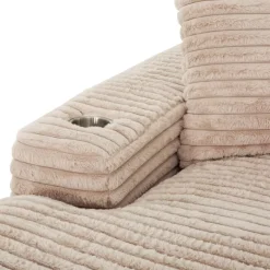 Corduroy Velvet Chaise with Cup Holders and USB Ports - Light Taupe