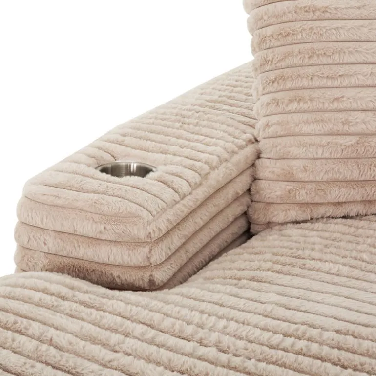 Corduroy Velvet Chaise with Cup Holders and USB Ports - Light Taupe