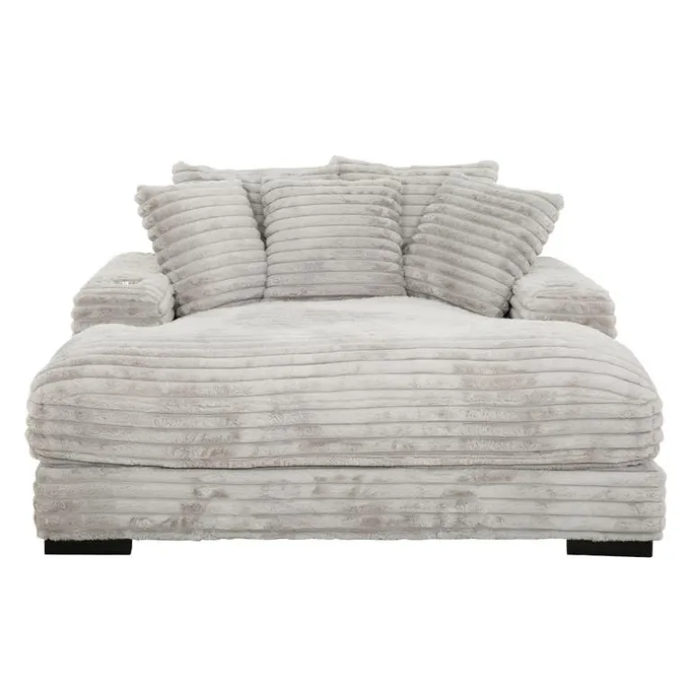 Corduroy Velvet Chaise with Cup Holders and USB Ports - Grey