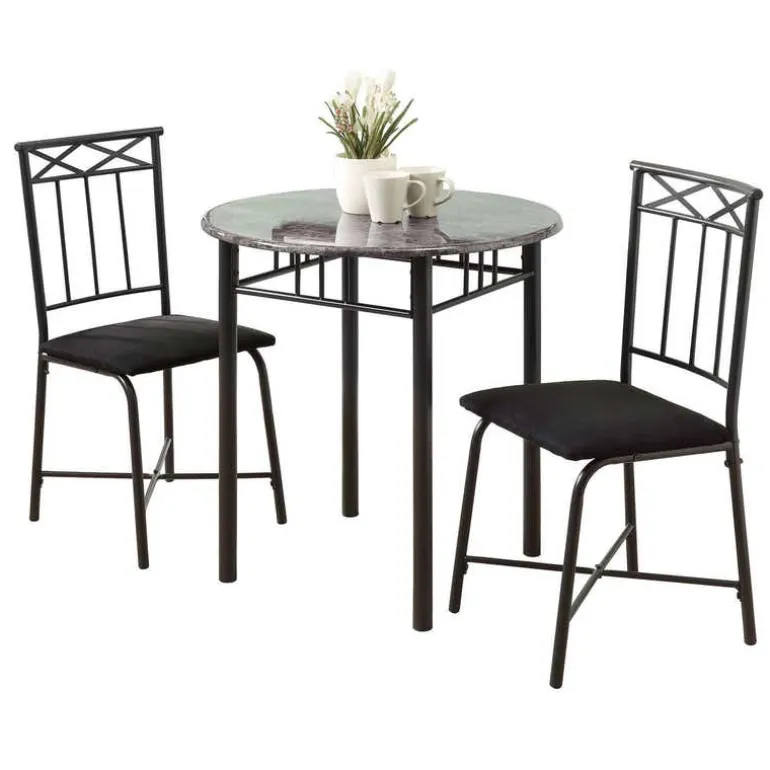 Dining set - 3pcs set / grey marble / charcoal metal