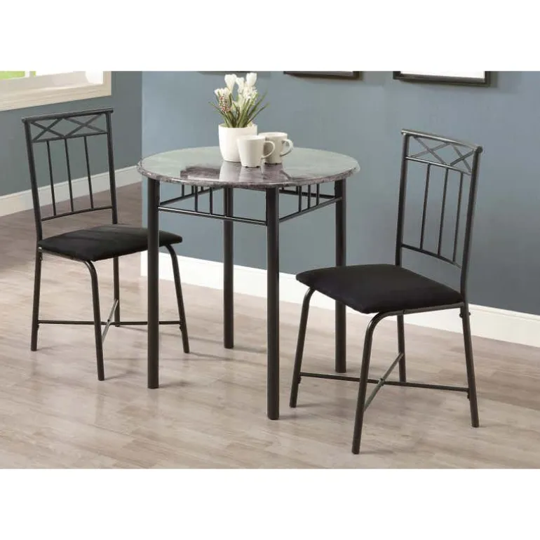 Dining set - 3pcs set / grey marble / charcoal metal