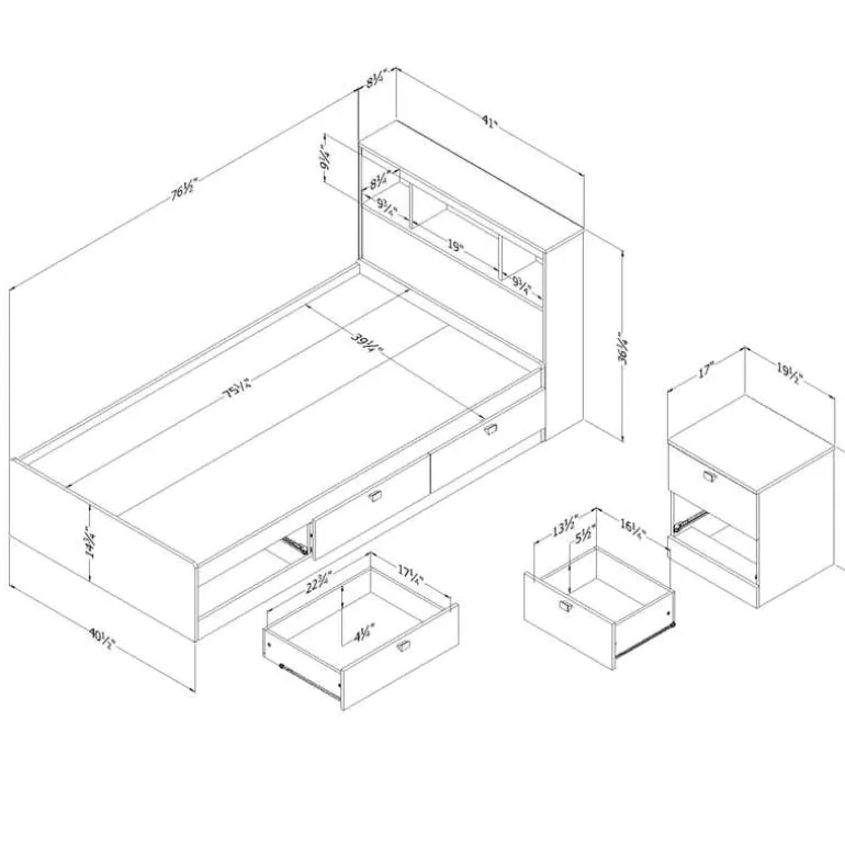 3-Drawer Storage Twin Bed, Headboard with USB Charging and Nightstand (39") - South Shore