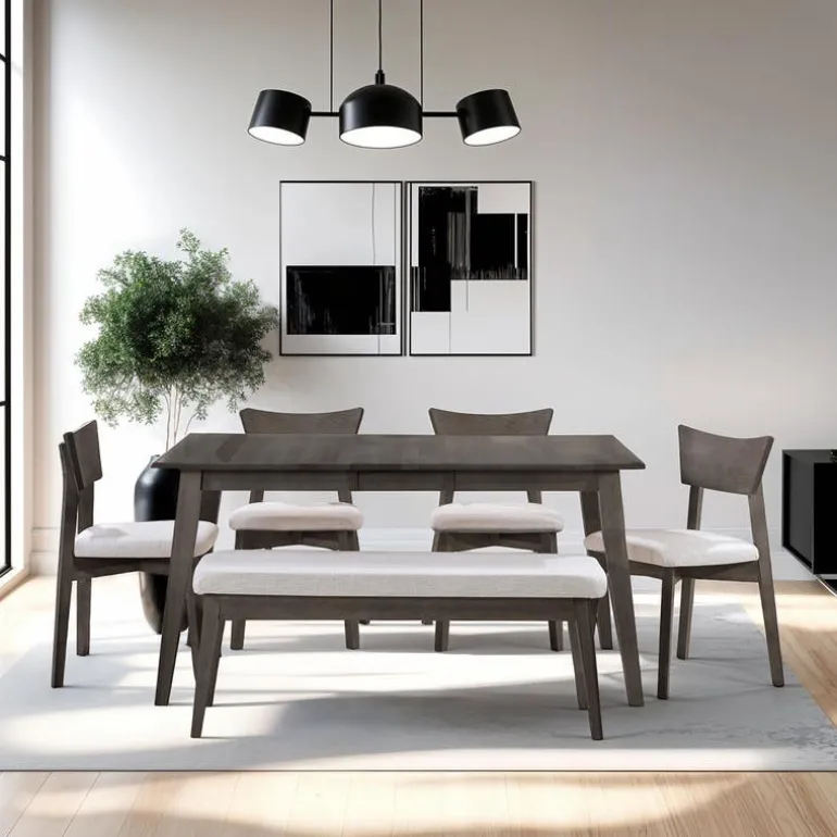 Extendable Rectangular Dining Table (48" to 60") with 4 Chairs and Bench - Slate