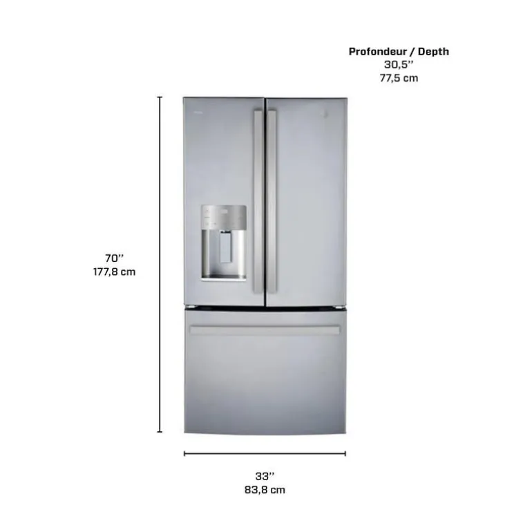 GE Profile 17,5 Cu Ft 33 In Refrigerator Stainless Steel Bottom Freezer, French door - PYE18HYRCFS