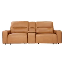 Genuine Leather Modular Loveseat with Power Sliding Seats and Media Console - 3 pcs