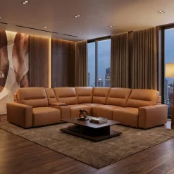 Genuine Leather Modular Sectional with Power Sliding Seats and Media Console - 6 pcs