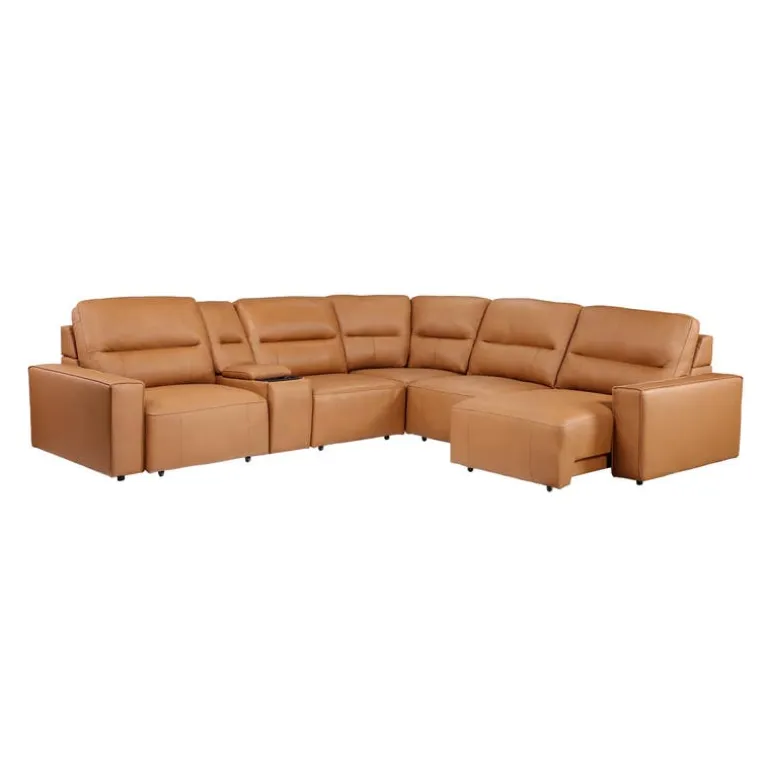Genuine Leather Modular Sectional with Power Sliding Seats and Media Console - 6 pcs
