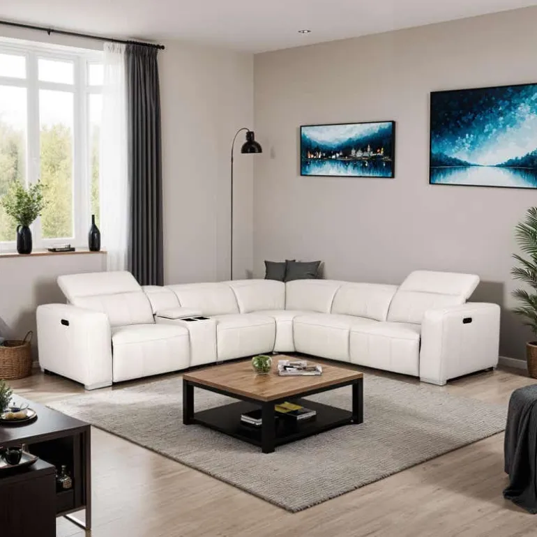 Genuine Leather Power Modular Reclining Sectional with Adjustable Headrests – 6 pcs
