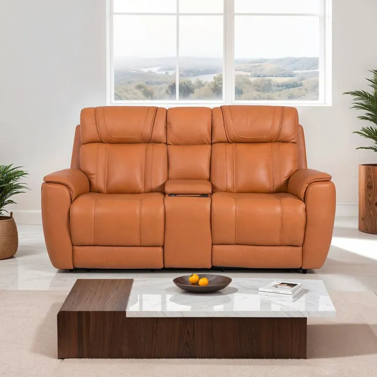 Genuine Leather Power Reclining Modular Loveseat with Adjustable Headrests, Console and Retractable Cup Holders - 3 pcs