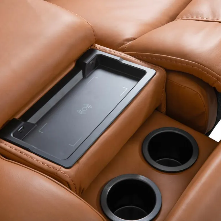 Genuine Leather Power Reclining Modular Loveseat with Adjustable Headrests, Console and Retractable Cup Holders - 3 pcs