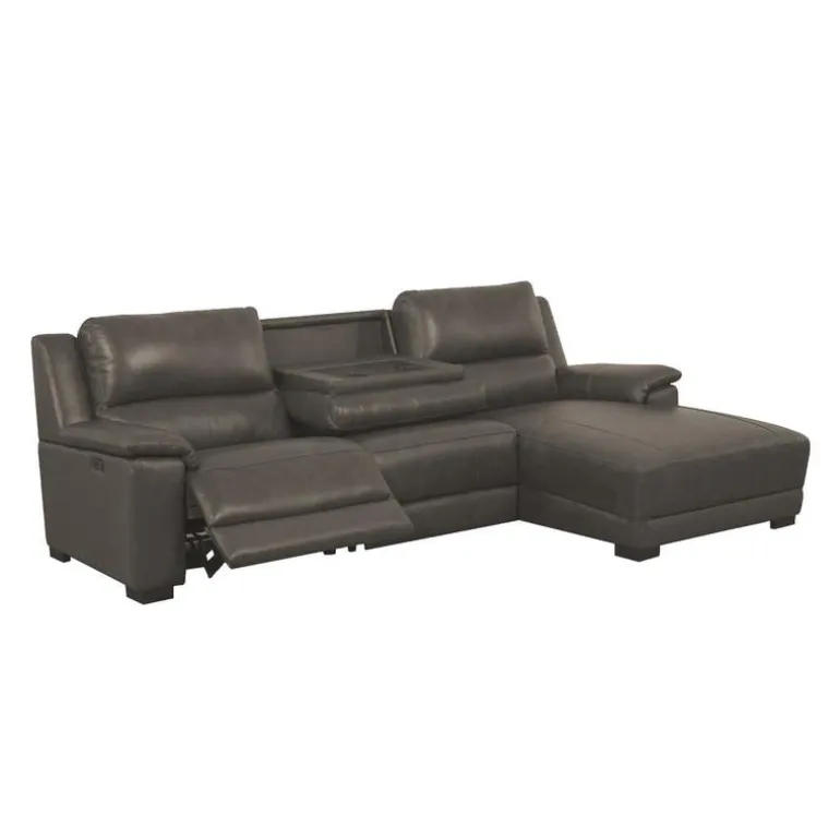 Genuine Leather Power Reclining Sectional with Chaise and Fold-Down Backrest