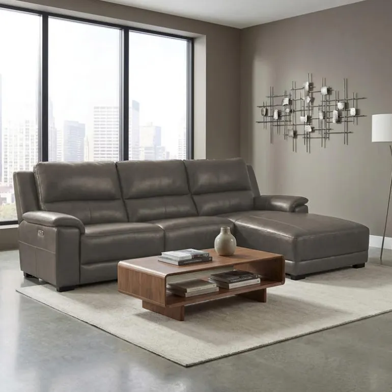 Genuine Leather Power Reclining Sectional with Chaise and Fold-Down Backrest